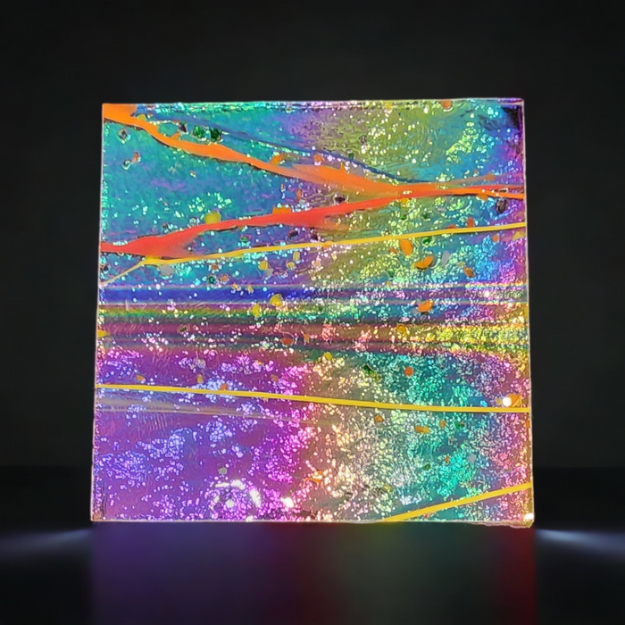 Dazzle Dichro - Rainbow Rays on Rainbow Confetti Bullseye Glass 3mm - 90 COE