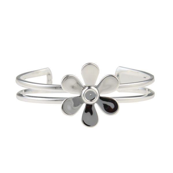Silver Plated Flower Cuff Bracelet with 5mm Round Cabochon Setting, Blank Bezel Mounting, Adjustable Bracelet Base, DIY Jewelry Finding
