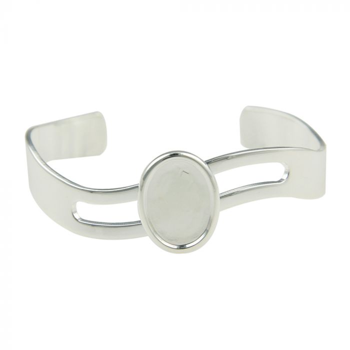 Silver Plated Twist Cuff Bracelet w- 13 x 18mm Oval Cabochon Setting, Blank Cabochon Bezel, Adjustable Bracelet Base, DIY Jewelry Finding