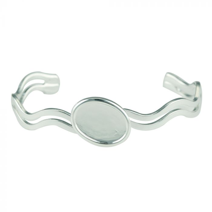 Silver Plated Twist Cuff Bracelet w- 13 x 18mm Oval Cabochon Setting, Blank Cabochon Bezel, Adjustable Bracelet Base, DIY Jewelry Finding