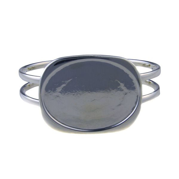 Silver Plated Spring Bangle Bracelet with 30 x 40 mm Oval Cabochon Setting, Blank Cabochon Bezel Mounting, Adjustable Bracelet Base, DIY Jewelry Finding