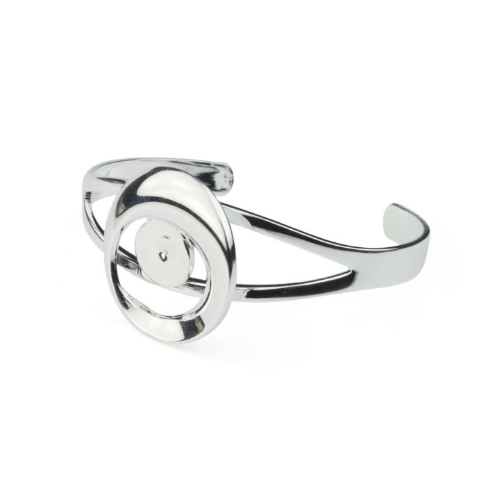 Silver Plated Fancy Cuff Bracelet w- 12mm Round Cabochon Setting, Blank Bezel Mounting, Adjustable Bracelet Base, DIY Jewelry Finding