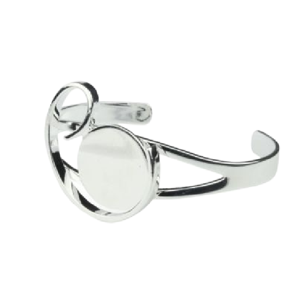 Silver Plated Torque Design Cuff Bracelet - 20 mm Round Flat Pad Setting, Blank Cabochon Bezel Mounting, Adjustable Bracelet Base, DIY Jewelry Finding