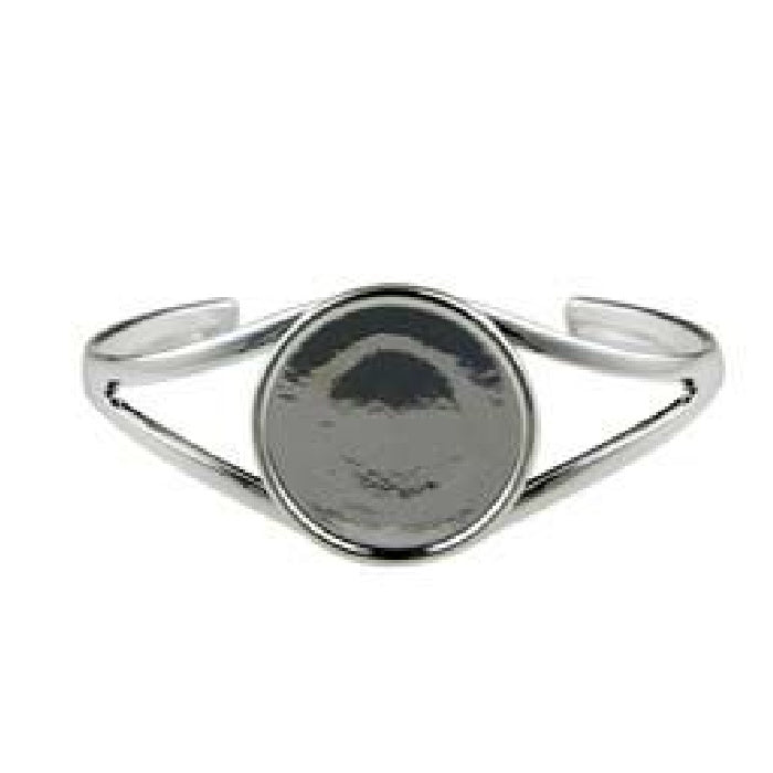 Silver Plated Cuff Bracelet with 25mm Round Cabochon Setting, Blank Cabochon Bezel Mounting, Adjustable Bracelet Base, DIY Jewelry Finding