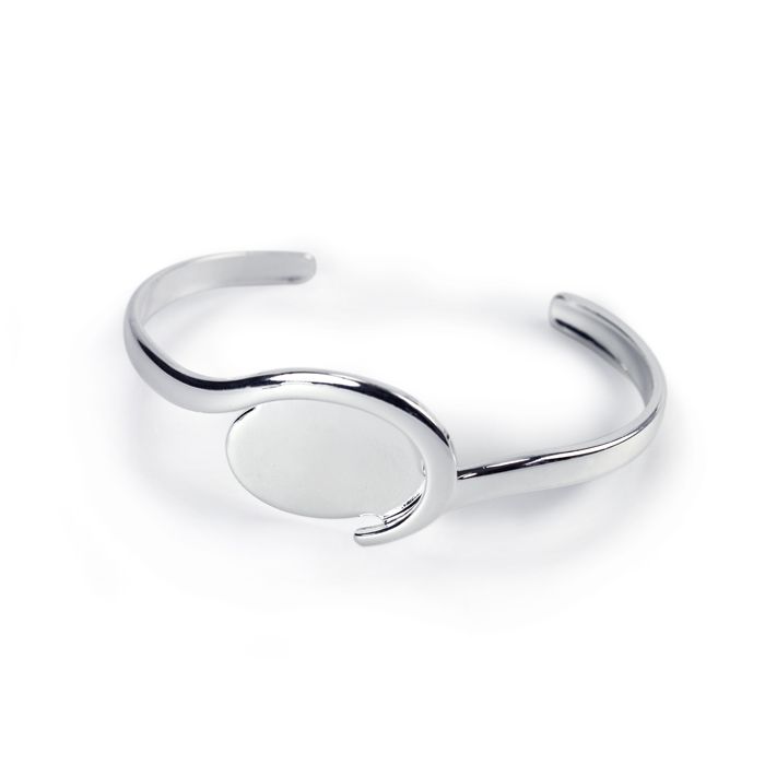 Silver Plated Cuff Bracelet w- 18 x 25mm Oval Cabochon Setting, Blank Cabochon Bezel Mounting, Adjustable Bracelet Base, DIY Jewelry Finding