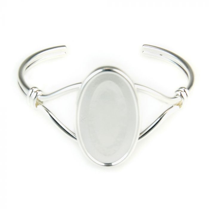 Silver Plated Knot Cuff Bracelet w- 20 x 36mm Oval Cabochon Setting, Blank Cabochon Bezel, Adjustable Bracelet Base, DIY Jewelry Finding
